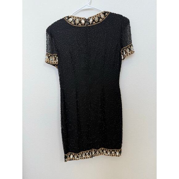 Vintage A.J. Bari Black and‎ Gold Beaded Silk Dress Knee Length 8 - Picture 1 of 9